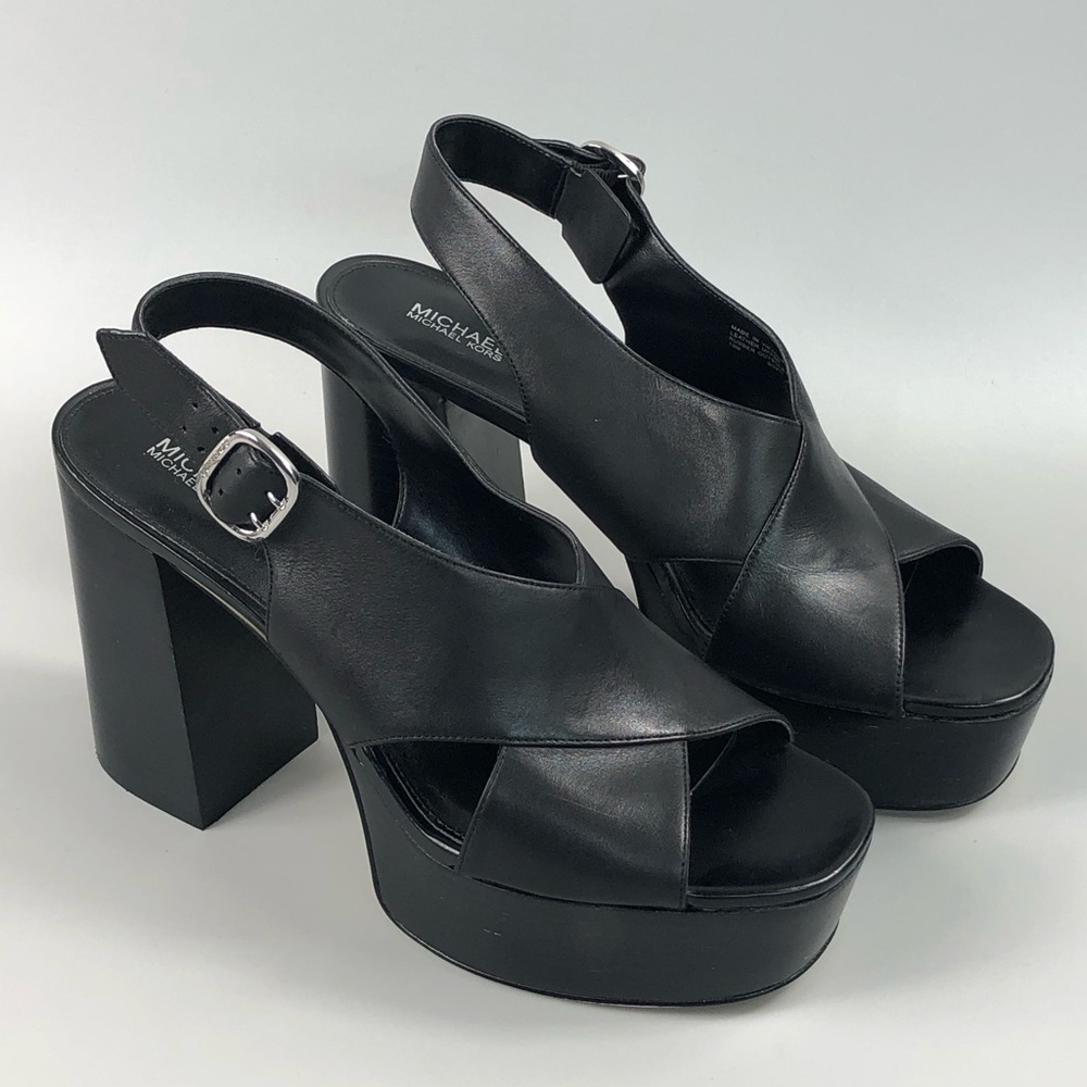 MICHAEL Michael Kors Black Leather Platform Slingback Sandals